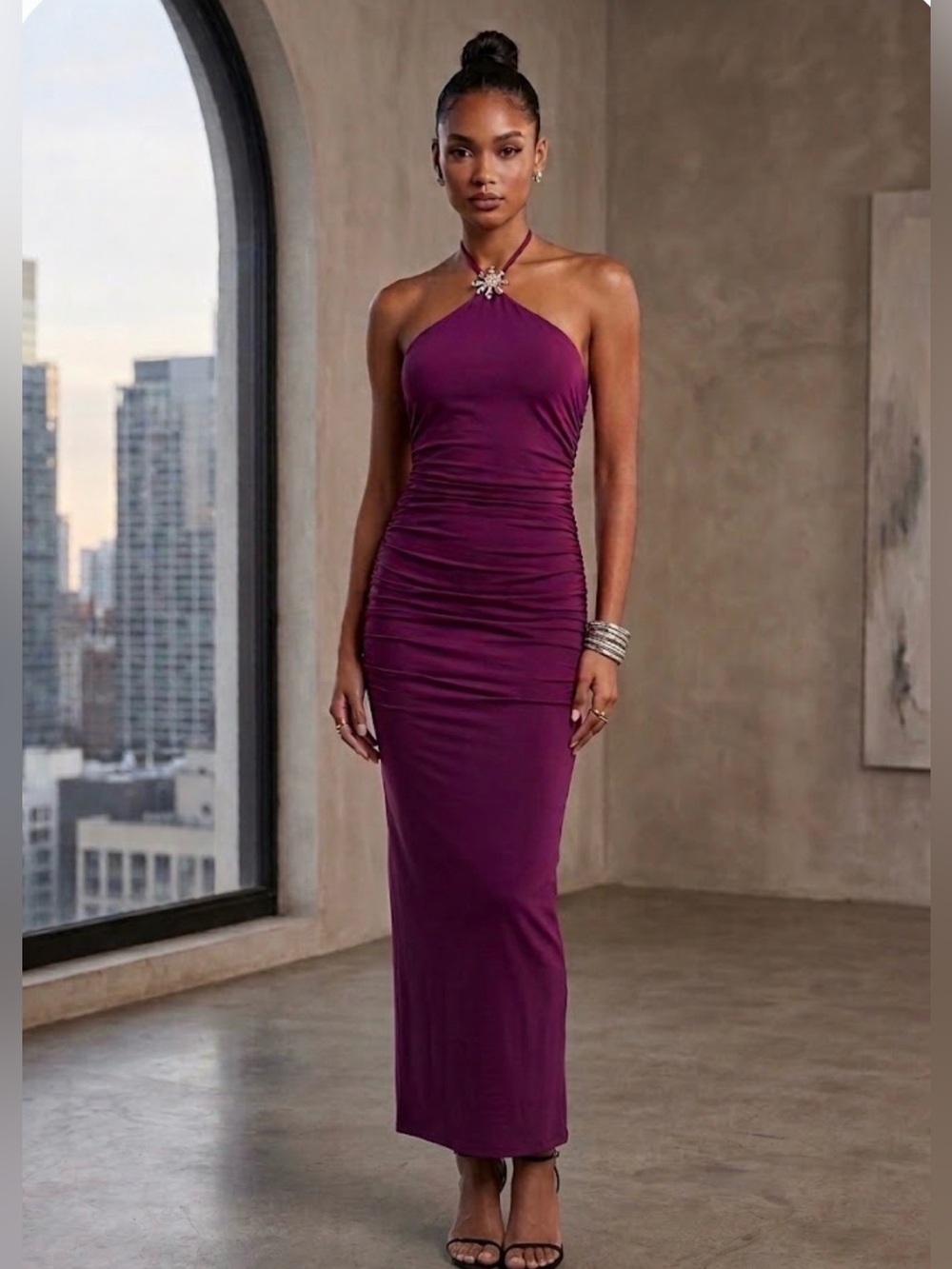Zara Fuchsia-Purple Women’s Halter Midi Bodycon Dress‎ Size L